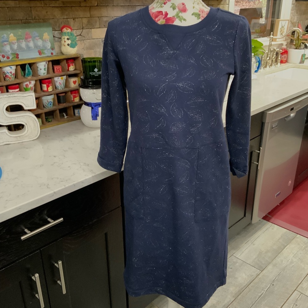 Boden Hannah Navy Silver Metallic Leaf Print Sweatshirt Dress Womens Size 2R